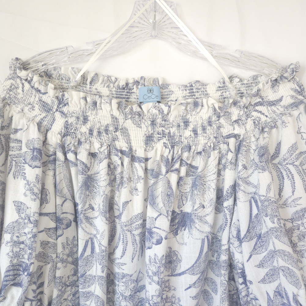 Floral Off-Shoulder Top - Blue and White - Picture 2 of 10